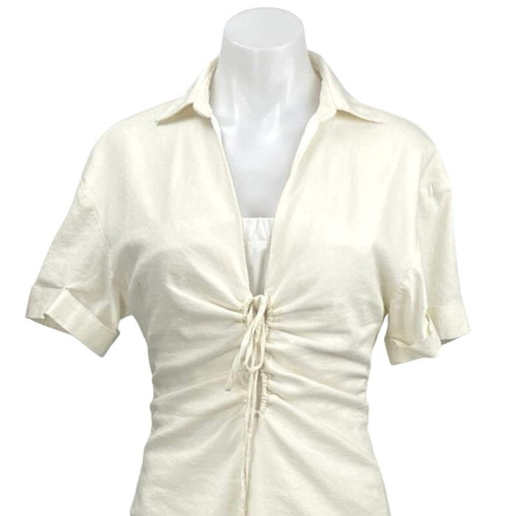 Zara White Linen Collared Short Sleeve Tie Keyhole Mini Bodycon Shirt Dress Sz M