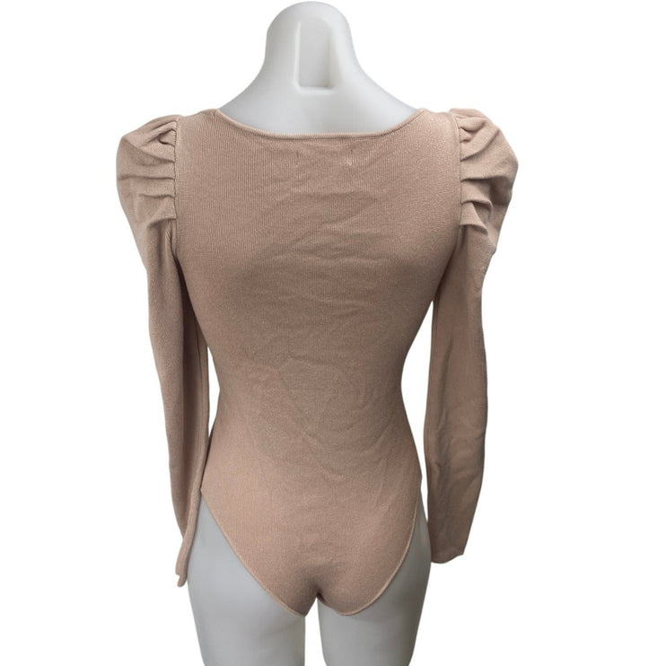 Takara Beige Tan Long Puff Sleeve Scoop Neck Knit Blouse Bodysuit Top Size S