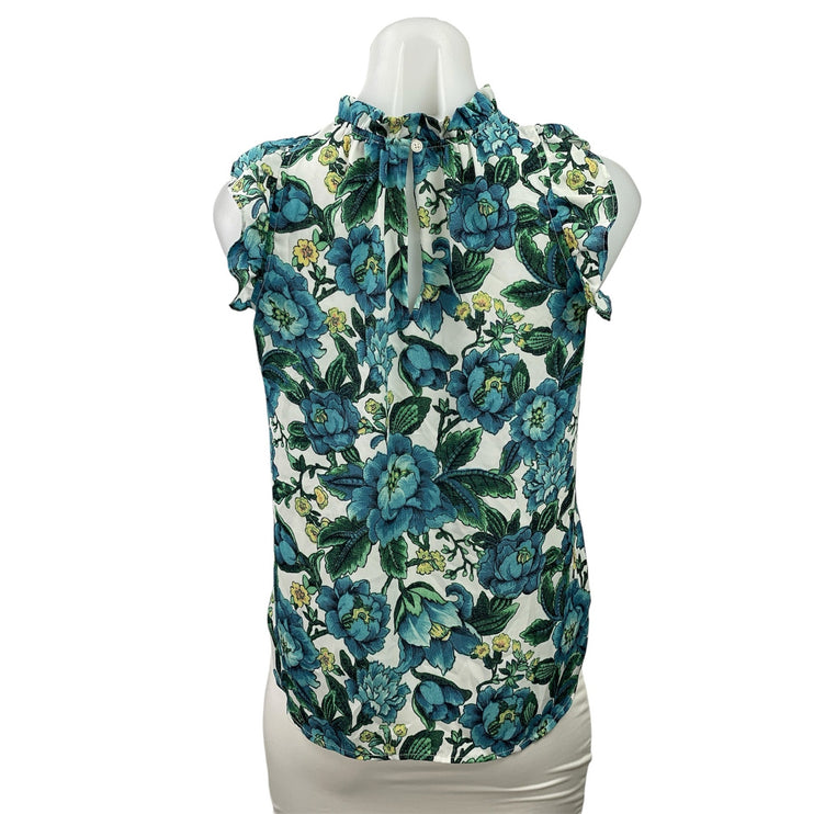 Ann Taylor LOFT Blue Floral Sleeveless Mock Neck Ruffle Tank Blouse Top Size XSP