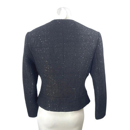 Anne Klein Womens Black Tweed Sequin Round Neck Zip Up Suit Blazer Coat Jacket 8