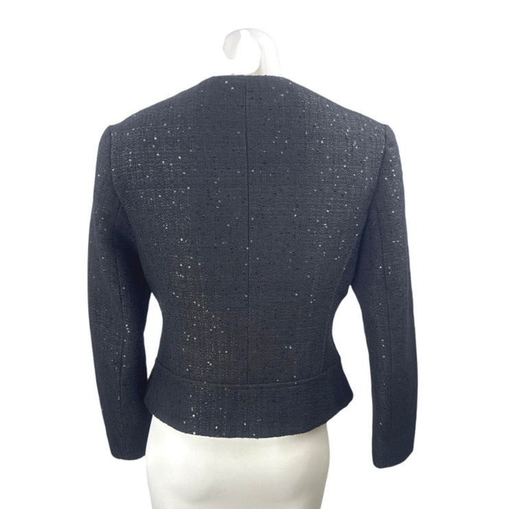 Anne Klein Womens Black Tweed Sequin Round Neck Zip Up Suit Blazer Coat Jacket 8