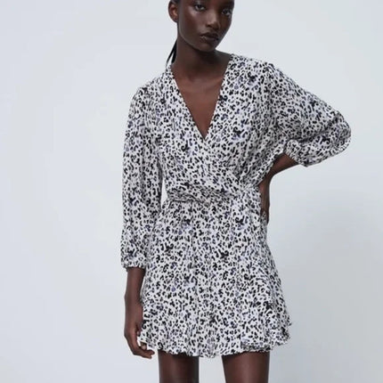 Zara White Black Leopard Long Sleeve V Neck Pleated Faux Wrap Aline Mini Dress L