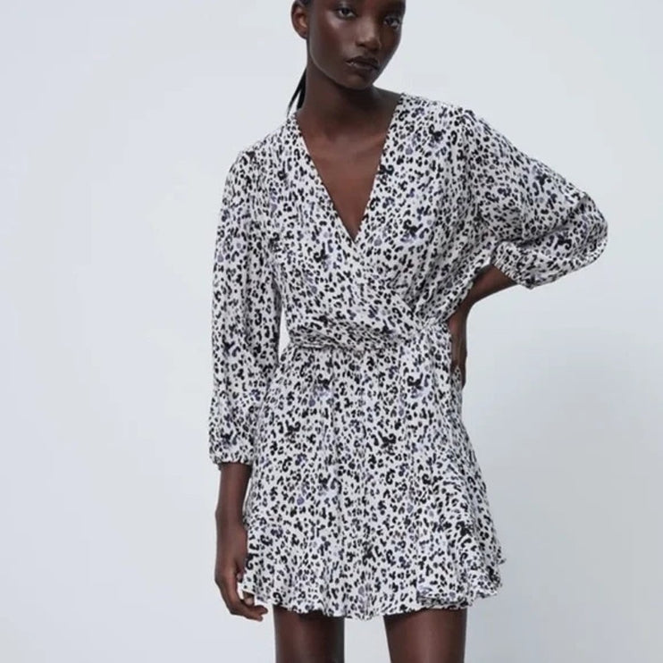 Zara White Black Leopard Long Sleeve V Neck Pleated Faux Wrap Aline Mini Dress L