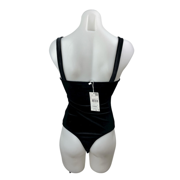 NEW MNG Mango Women Black Velvet Velour Cowl Neck Cami Tank Bodysuit Top Size S
