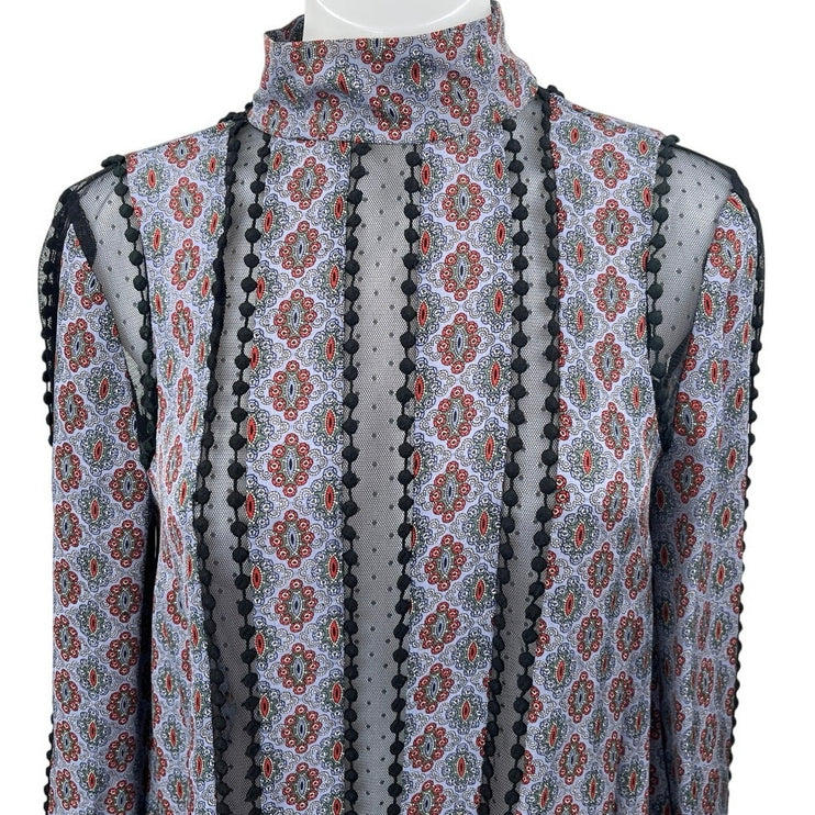 Cinq A Sept Multicolor 100% Silk Satin Floral Mesh Long Sleeve Blouse Top Size S