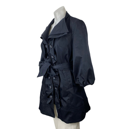 Anthropologie Idra Navy Blue Tie Double Breasted Ruffle Trench Coat Jacket Sz S