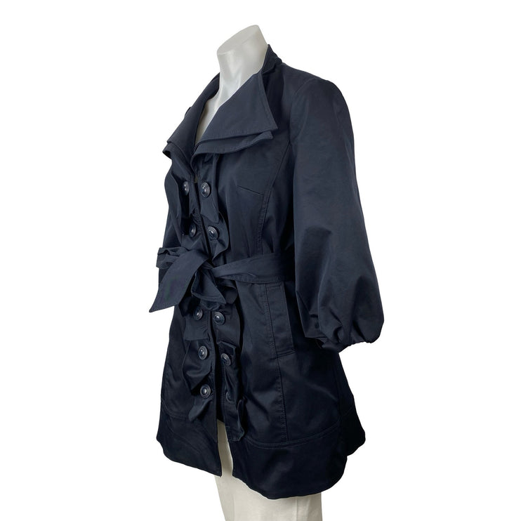 Anthropologie Idra Navy Blue Tie Double Breasted Ruffle Trench Coat Jacket Sz S