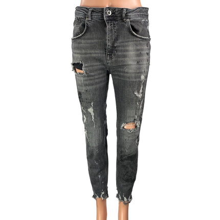 Zara Women's Black Distressed High Rise Cropped Raw Hem Skinny Denim Jeans 31