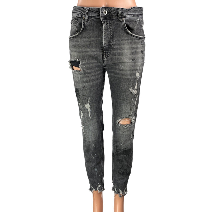 Zara Women's Black Distressed High Rise Cropped Raw Hem Skinny Denim Jeans 31