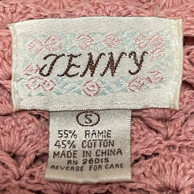 Jenny Womens Pink Eyelet Crochet Button Down Short Sleeve Cardigan Sweater Top S
