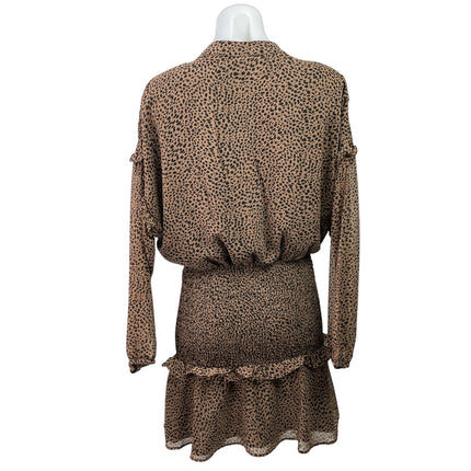 Aqua Brown Leopard Cheetah Tassel Ruffle Long Sleeve Tiered Blouson Mini Dress S