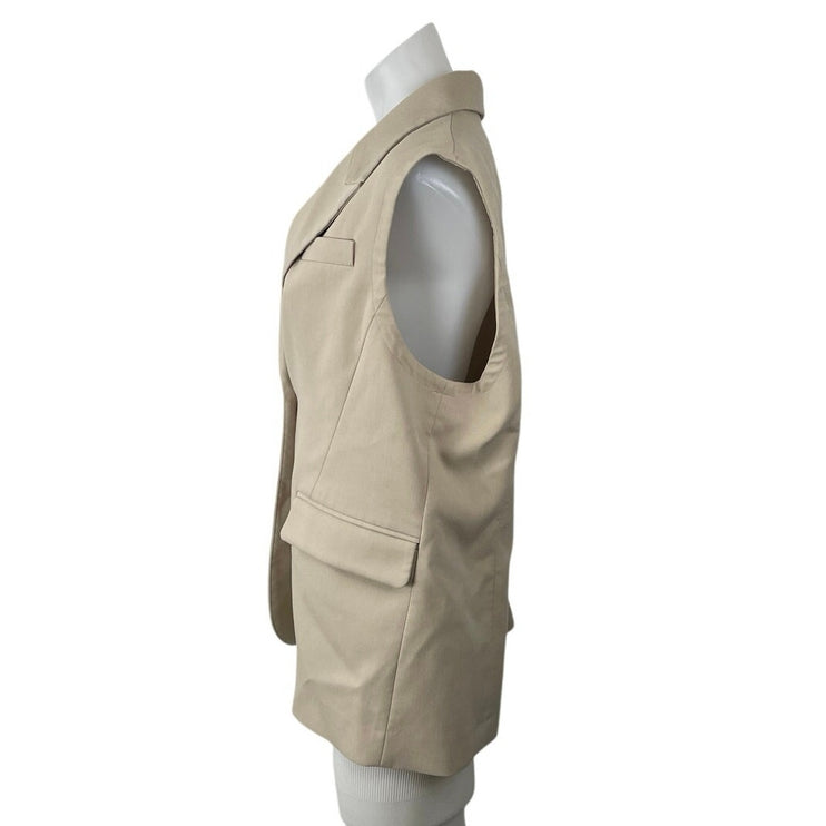 Mina Self Women's Beige Peak Lapel Sleeveless Vest Blazer Coat Jacket Size L