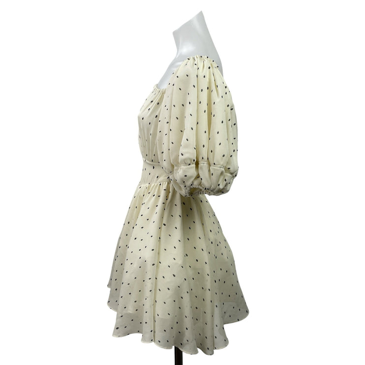 J.Ing Garland Garden White Polka Dot Half Puff Sleeve Flared A-Line Dress Sz XS