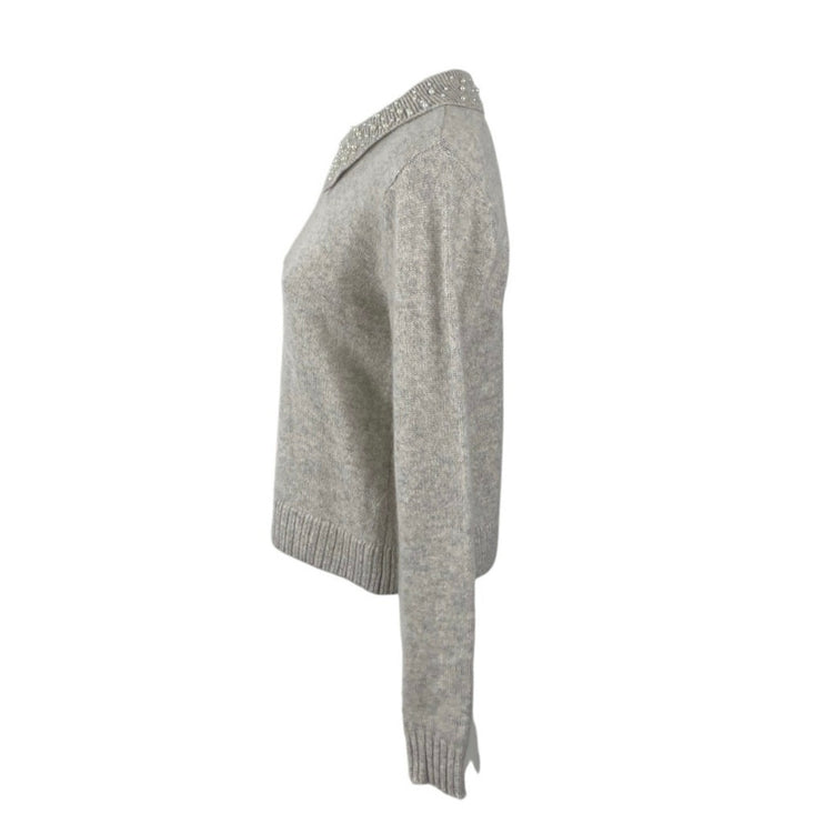 Tahari Gray 100% Cashmere Beaded Pearl Collar Knit Long Sleeve Sweater Size S