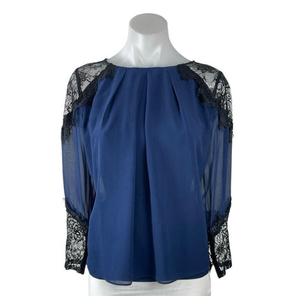 Alice + Olivia 100% Silk Sheer Mesh Lace Trim Pleated Long Sleeve Blouse Top SP
