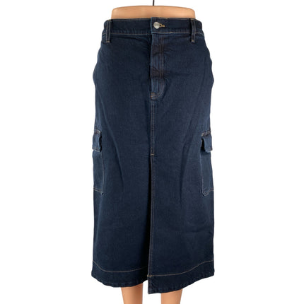 Express Blue High Waisted Front Slit Midi Cargo A-line Denim Jeans Skirt Size 12