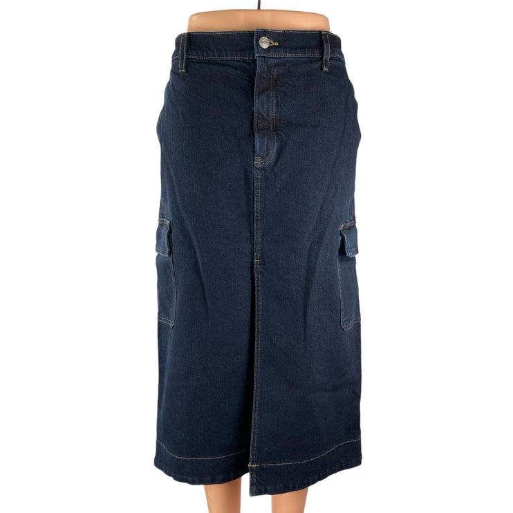 Express Blue High Waisted Front Slit Midi Cargo A-line Denim Jeans Skirt Size 12