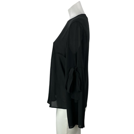 Topshop Women's Black Crew Neck Sheer Long Sleeve Tie Shirt Blouse Top Size 6