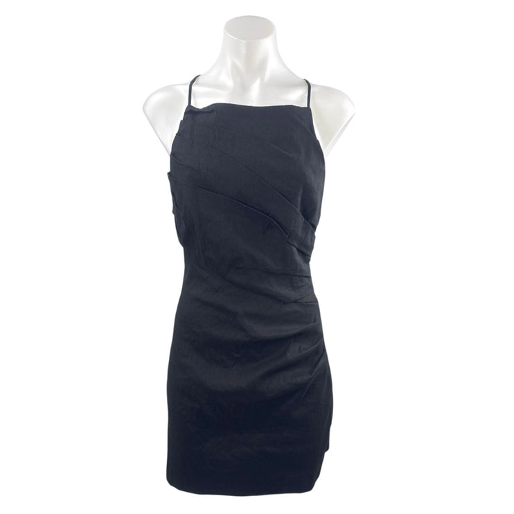 Zara Black Linen Ruched Pleated Sleeveless Mini Cami Tank A-Line Sheath Dress M