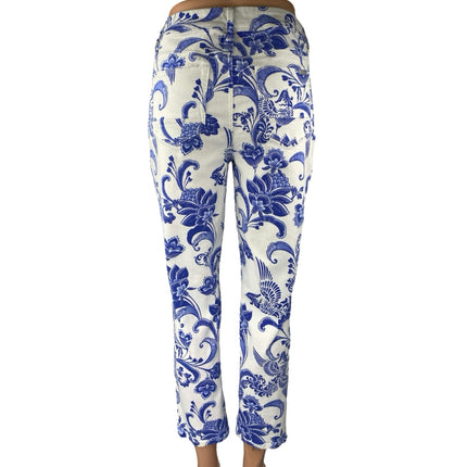 Chico's So Slimming Girlfriend Crop Blue White Paisley Floral Denim Jeans Size 0