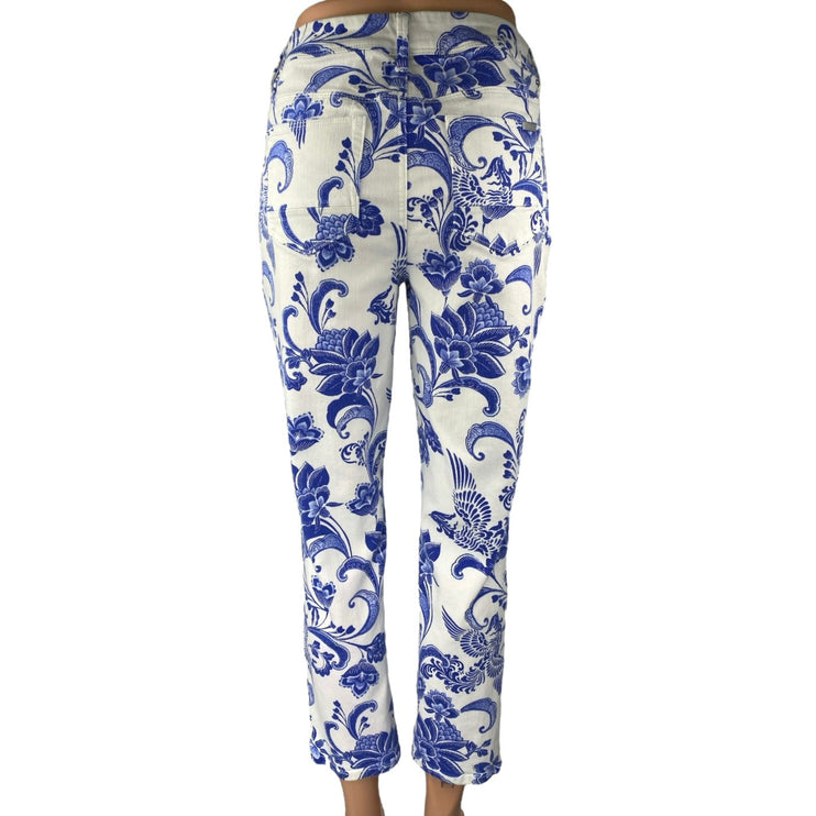 Chico's So Slimming Girlfriend Crop Blue White Paisley Floral Denim Jeans Size 0