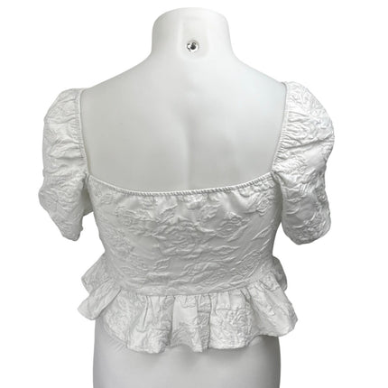 Shein White Floral Embroidered Short Puff Sleeve Ruffle Peplum Blouse Top Sz XL