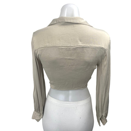 Zara Women's Beige Cream Ruched V-neck Collar Long Sleeve Crop Shirt Top Size XS