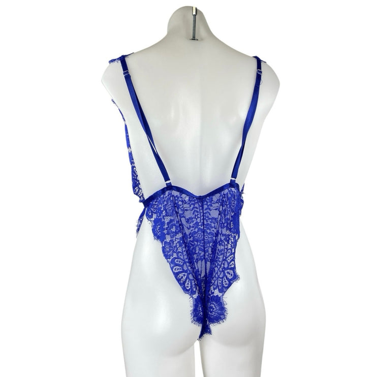 Women's Blue Floral Lace Deep Neck Chiffon Sheer 2-Piece Lingerie Matching Set L