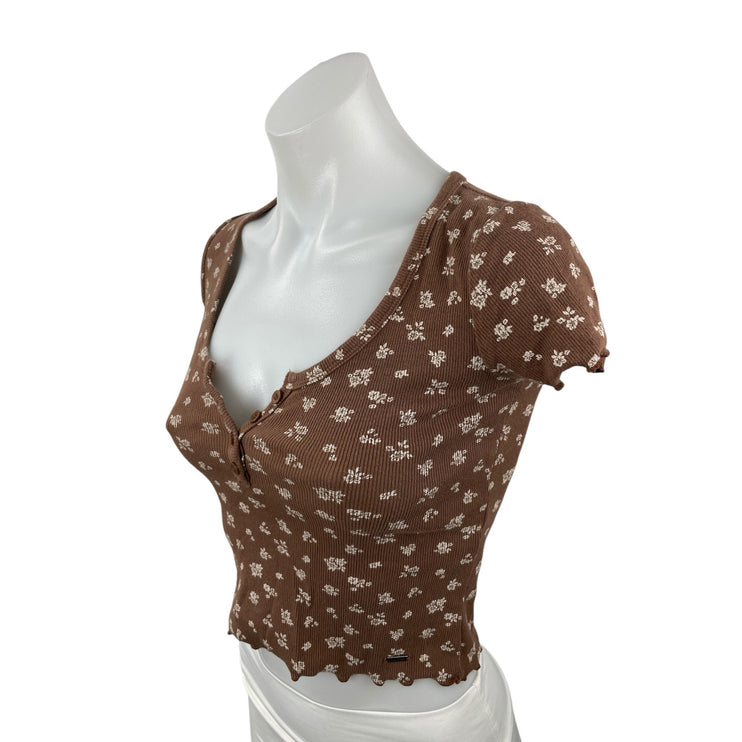 Hollister Brown Floral Lettuce Short Sleeve Crop Henley Baby Tee T-Shirt Top XS