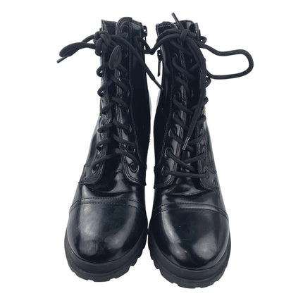 ALDO Glitteratti Black Patchworks Lace Up High Heels Ankle Combat Boots Size 8.5