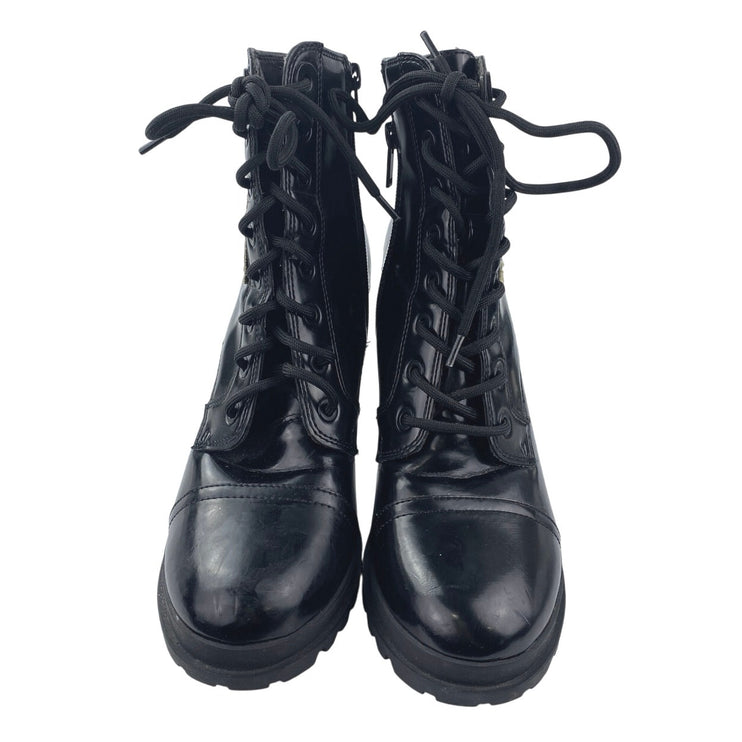 ALDO Glitteratti Black Patchworks Lace Up High Heels Ankle Combat Boots Size 8.5