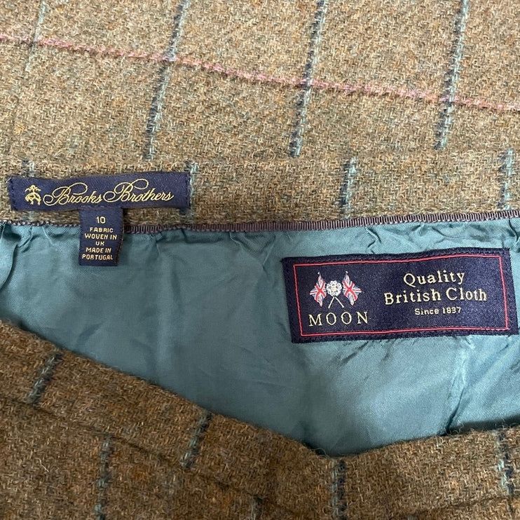 Brooks Brothers Green 100% Wool Plaid Pleated Textured Straight Mini Skirt 10