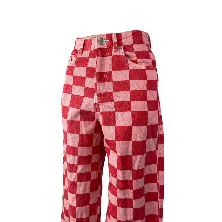 Zara Women's Pink Red Gingham Check High Rise Wide Leg Trousers Pants Size 2