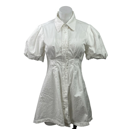 J.Ing White Short Puff Sleeve Collared Button Down A Line Mini Shirt Dress XS