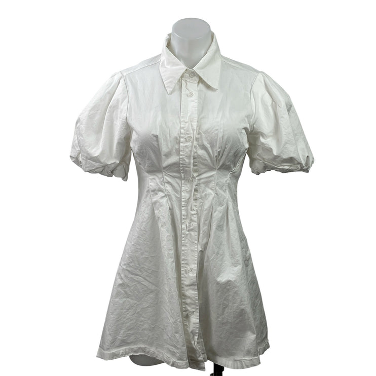 J.Ing White Short Puff Sleeve Collared Button Down A Line Mini Shirt Dress XS