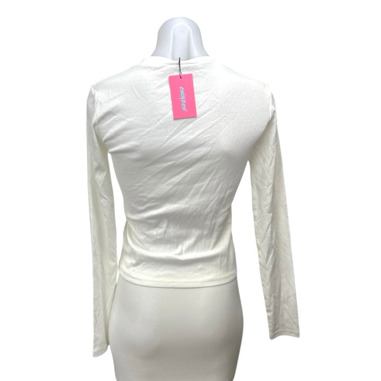 NWT Edikted Women's White Crewneck Long Sleeve Graphic Tee T-shirt Crop Top Sz S