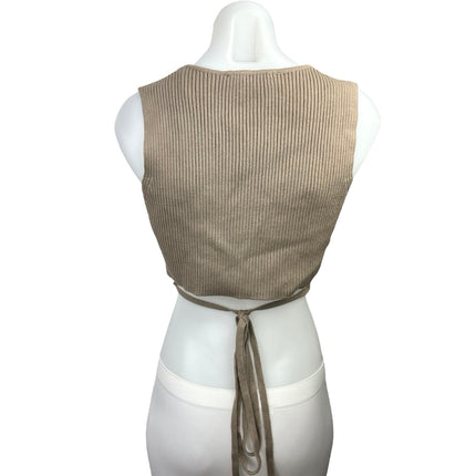 Zara Women's Tan Ribbed Knit V-Neck Sleeveless Pullover Tie Waist Crop Top Sz S