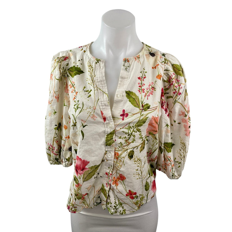 H&M Womens Linen Multicolor Floral Balloon Sleeve Button Down Shirt Blouse Top S