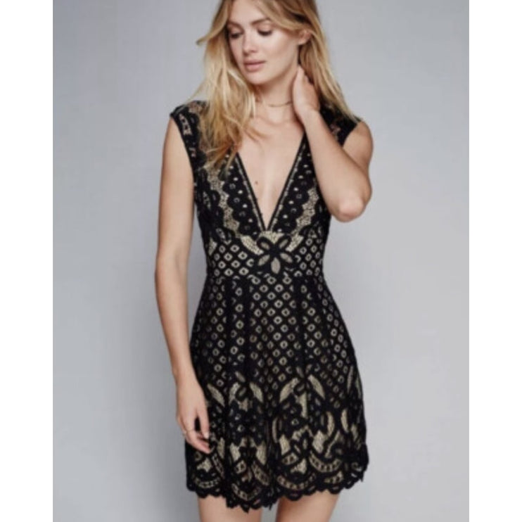Free People One Million Lovers Black Lace Sleeveless V Neck A Line Mini Dress OS