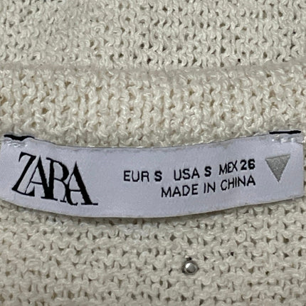 Zara Women Beige Knit Embellished Rhinestone Beaded Sleeveless Tank Top Size S
