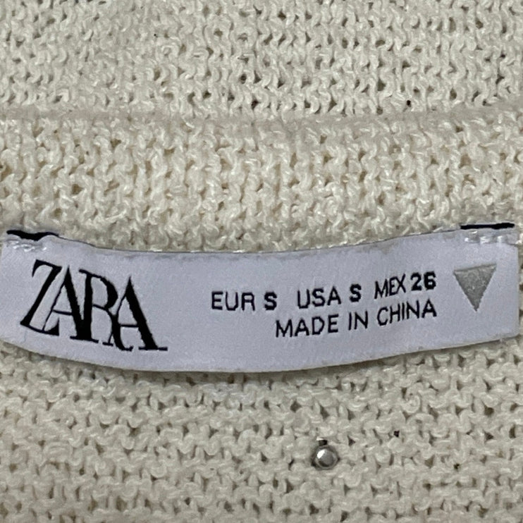 Zara Women Beige Knit Embellished Rhinestone Beaded Sleeveless Tank Top Size S