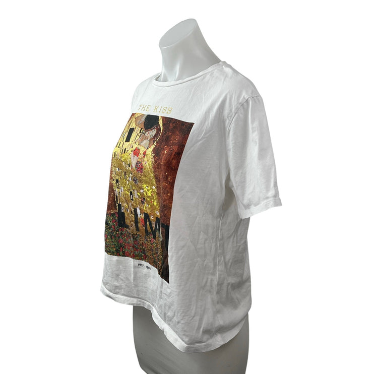 Zara Women's White The Kiss Klimt Painting Short Sleeve T Shirt Tee Top Size S
