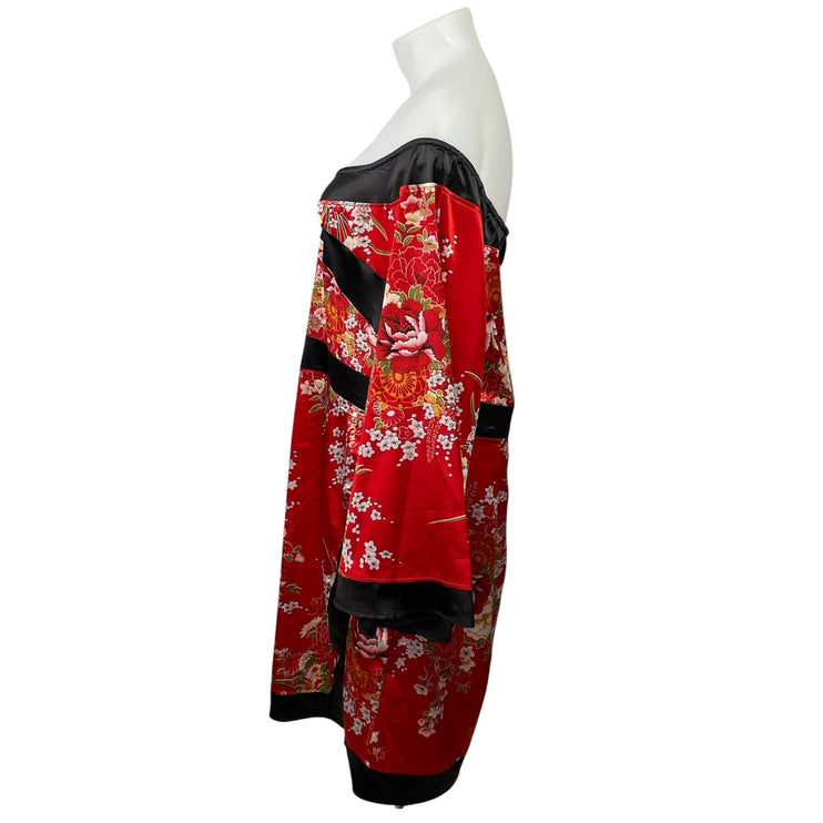 PrettyLittleThing Red Off Shoulder Floral Satin Long Sleeve Mini Kimono Dress 1X