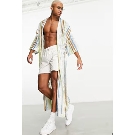 Asos Multicolor Striped Knit Crochet Kimono Open Long Cardigan Beach Cover Up L