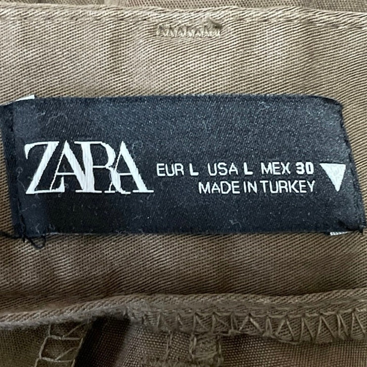 Zara Women's Olive Green High Rise Pleated Wide Leg Baggy Trousers Pants Size L
