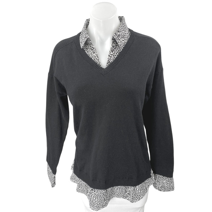 Adrianna Papell Black Leopard Animal Print Long Sleeve Sweater Shirt Top Size M