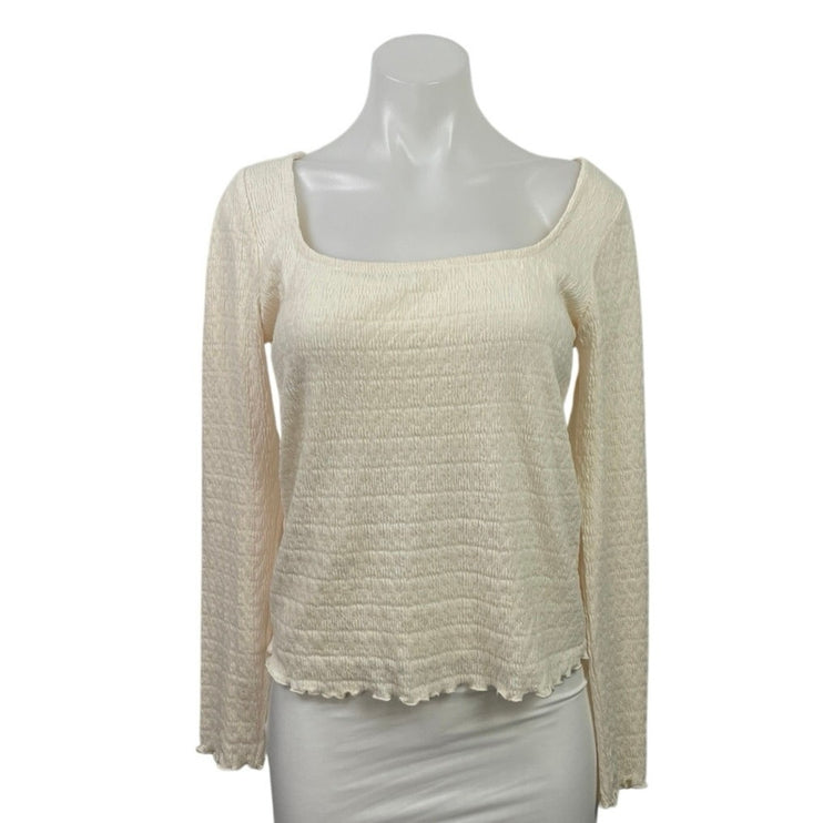MNG Mango Cream Long Sleeve Textured Lettuce Edge Square Neck Blouse Top Size L