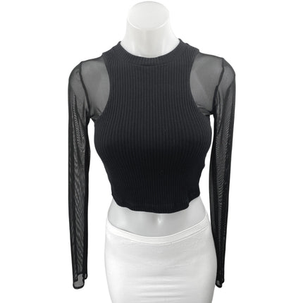 Zara Black Ribbed Knit Mesh Sheer Long Sleeve High Neck Slim Crop Shirt Top Sz S