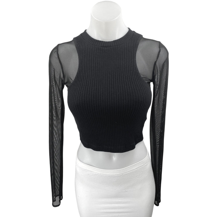 Zara Black Ribbed Knit Mesh Sheer Long Sleeve High Neck Slim Crop Shirt Top Sz S