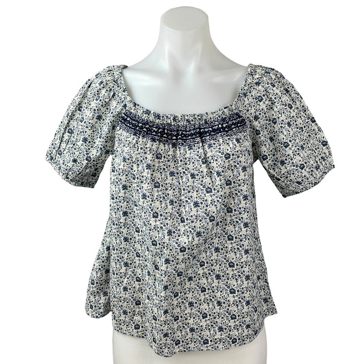 NEW Lucky Brand Women's Blue White Floral Short Sleeve Boho Blouse Top Size S